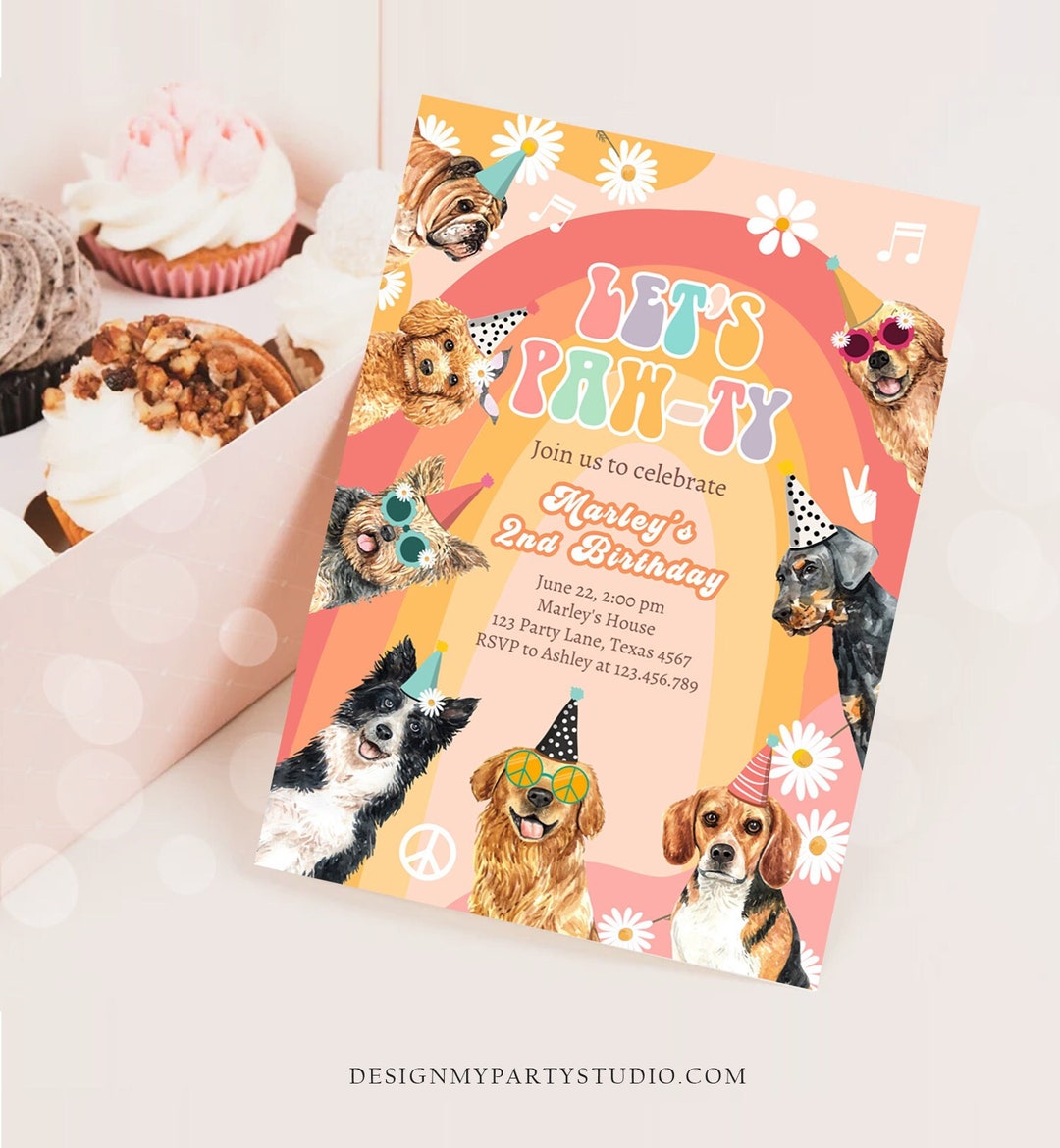 Editable Groovy Dog Birthday Party Invitation Retro Puppy Birthday Girl ...