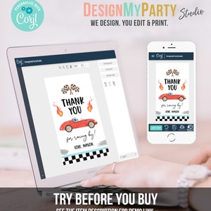 Puede incluir: Una plantilla de dise&ntilde;o digital para una tarjeta de agradecimiento con un coche de carreras rojo con llamas y un fondo de bandera a cuadros. El texto de la tarjeta dice "Gracias por venir a correr! Con cari&ntilde;o, Mason".
