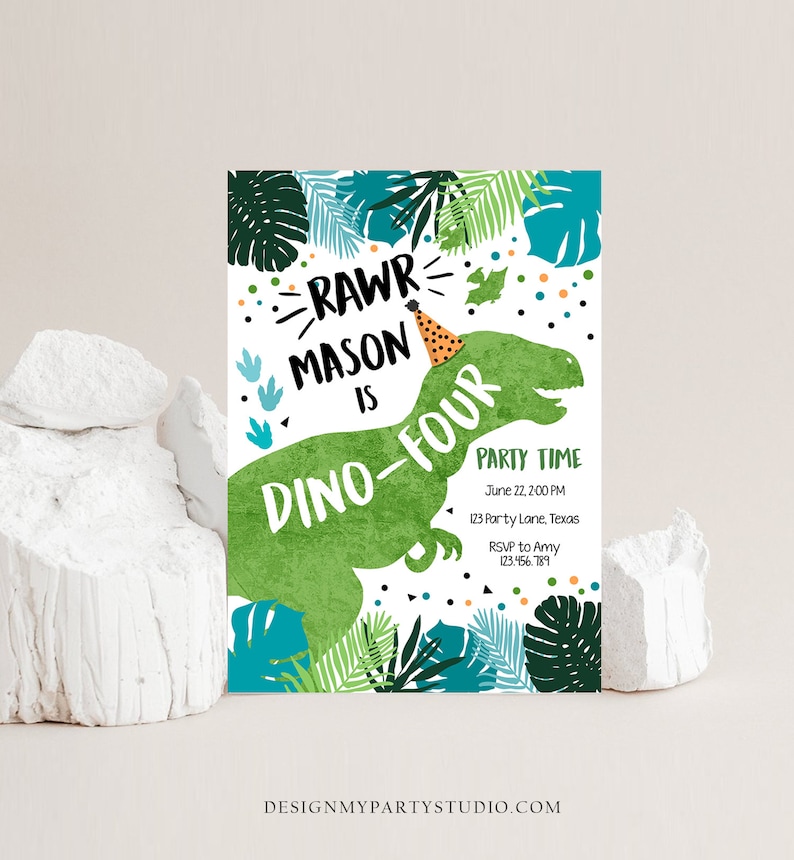 Editable DinoFour Dinosaur Birthday Invitation Dino TRex 4th Birthday Fourth Rawr Boy Green Blue Prehistoric Printable Corjl