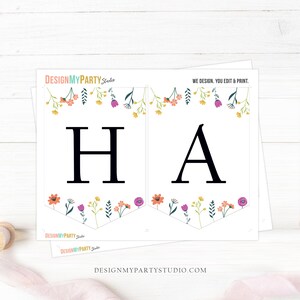 May include: Printable banner with the word "HA" in black letters, decorated with a floral border of pink, orange, yellow, and green flowers. The banner is designed for a party or celebration.