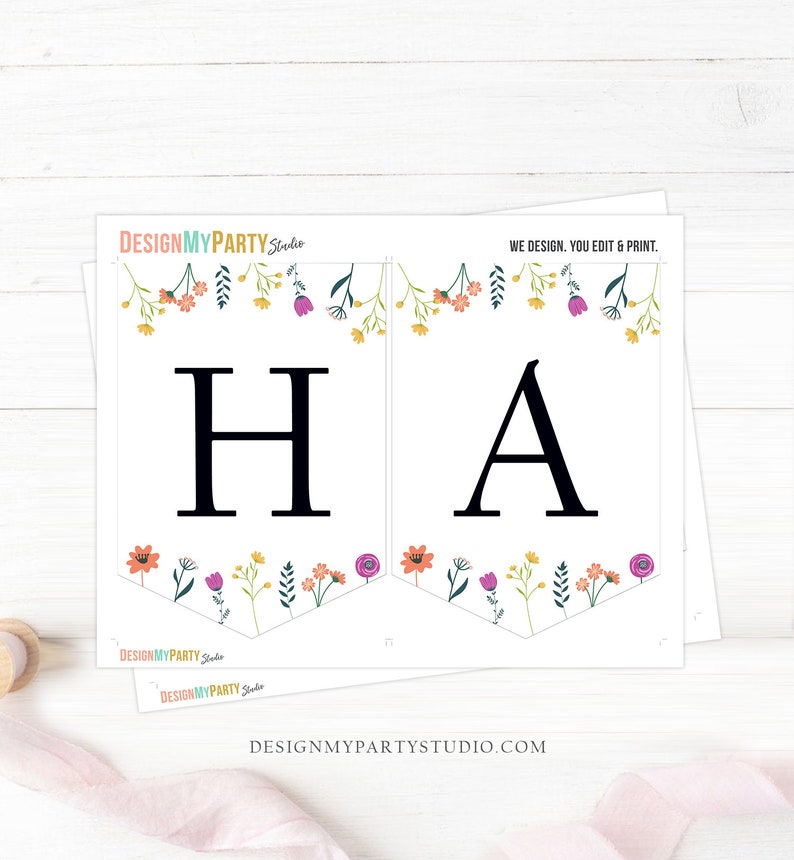 May include: Printable banner with the word "HA" in black letters, decorated with a floral border of pink, orange, yellow, and green flowers. The banner is designed for a party or celebration.