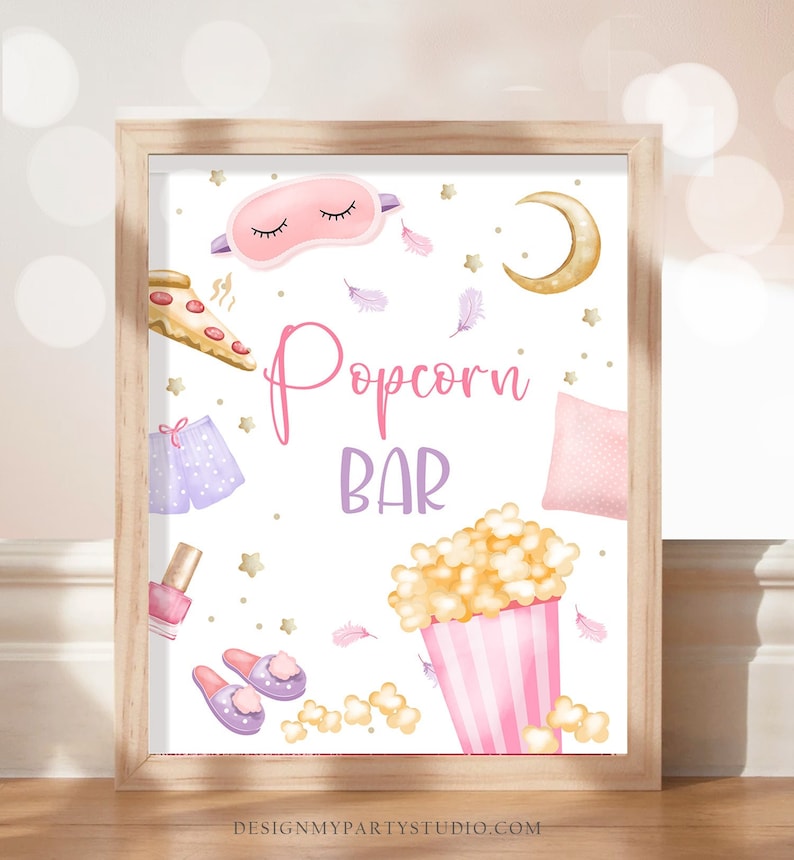 Popcorn Bar Sign Sleepover Birthday Sign Slumber Party Decor Etsy