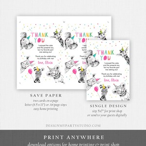 Puede incluir: Dos tarjetas de agradecimiento imprimibles con un tema de animales de la selva coloridos. Las tarjetas presentan una cebra, una jirafa, un le&oacute;n y un elefante con sombreros de fiesta. El texto en las tarjetas dice "Gracias" y "&iexcl;Disfrut&eacute; el pastel y los regalos tambi&eacute;n, pero mi parte favorita fue verte!"  "&iexcl;Gracias por celebrar mi cumplea&ntilde;os conmigo!"  "Con amor, Olivia"