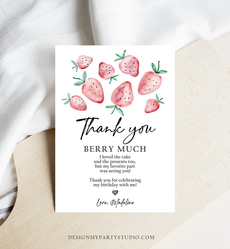 Editable Strawberry Thank You Card Strawberry Birthday First Etsy