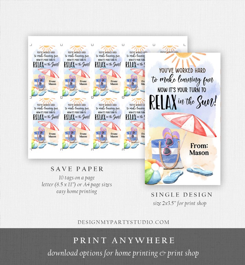 Editable Summer Teacher Appreciation Gift Tag Kids Your Turn to Relax ...