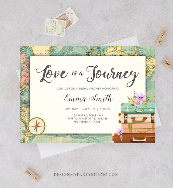 Editable Love is a Journey Bridal Shower Invitation World Map Suitcase Vintage Adventure Purple 