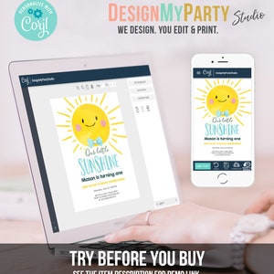 May include: A laptop and smartphone display a birthday invitation design. The invitation features a smiling yellow sun with a blue bow tie and the text "Our little Sunshine." The design includes the text "Mason is turning one" and party details.