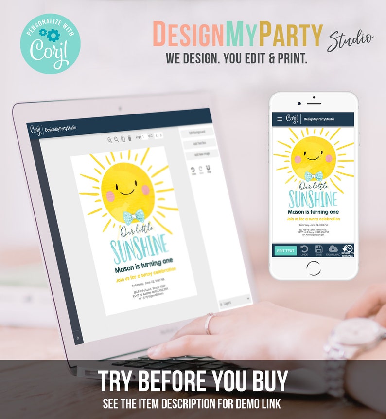 May include: A laptop and smartphone display a birthday invitation design. The invitation features a smiling yellow sun with a blue bow tie and the text "Our little Sunshine." The design includes the text "Mason is turning one" and party details.