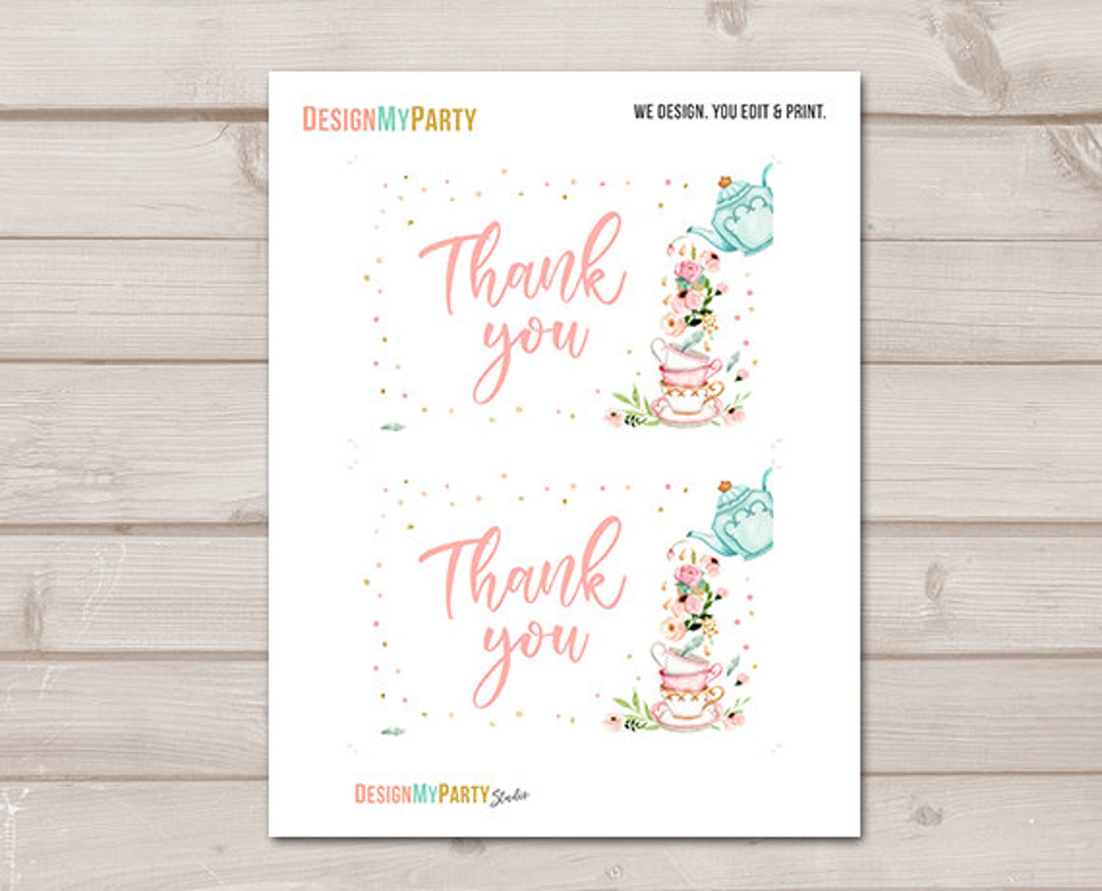 Tea Party Thank You Card Floral Tea Baby Shower Thank You Note Etsy