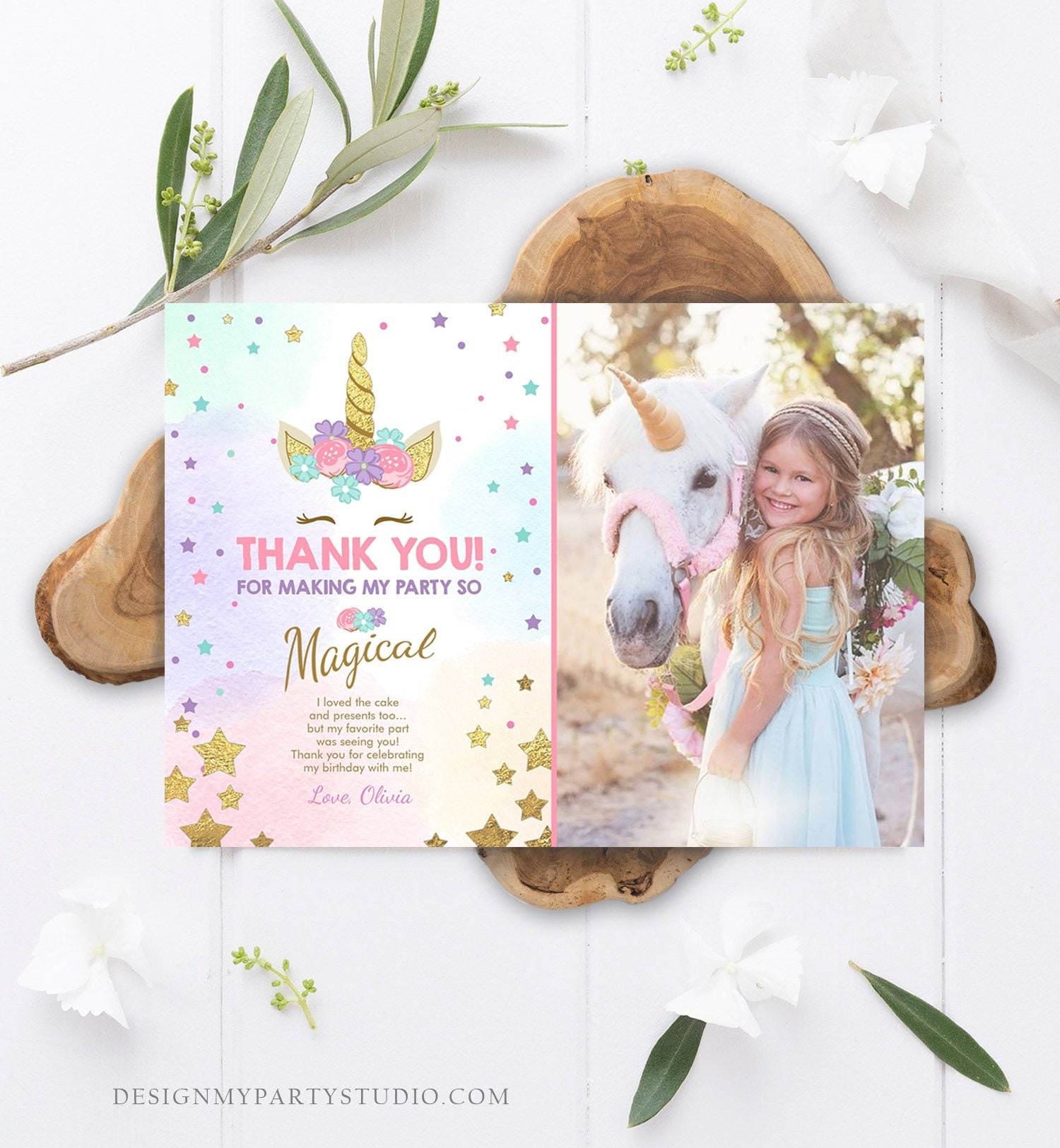 editable unicorn thank you card girl birthday thank you note etsy