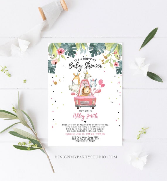Editable Drive By Baby Shower Invitation Safari Animals Coed Shower Drive Through Quarantine Pink Girl Gold Template Download Corjl 0345 Il_570xn