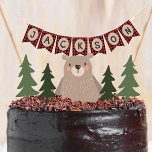Topper na tort drwala Pierwsze urodziny Drwal baner z nazwą imprezy Buffalo Plaid Bear Woodland dekoracja imprezy DO DRUKU Cyfrowy 0303