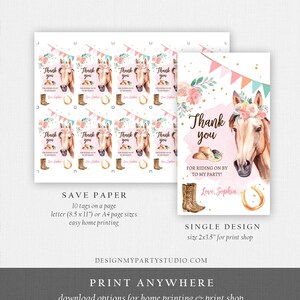 May include: Pink and brown horse thank you tags with a floral design and gold glitter. The tags say "Thank you for riding on by to my party! Love, Sophia".