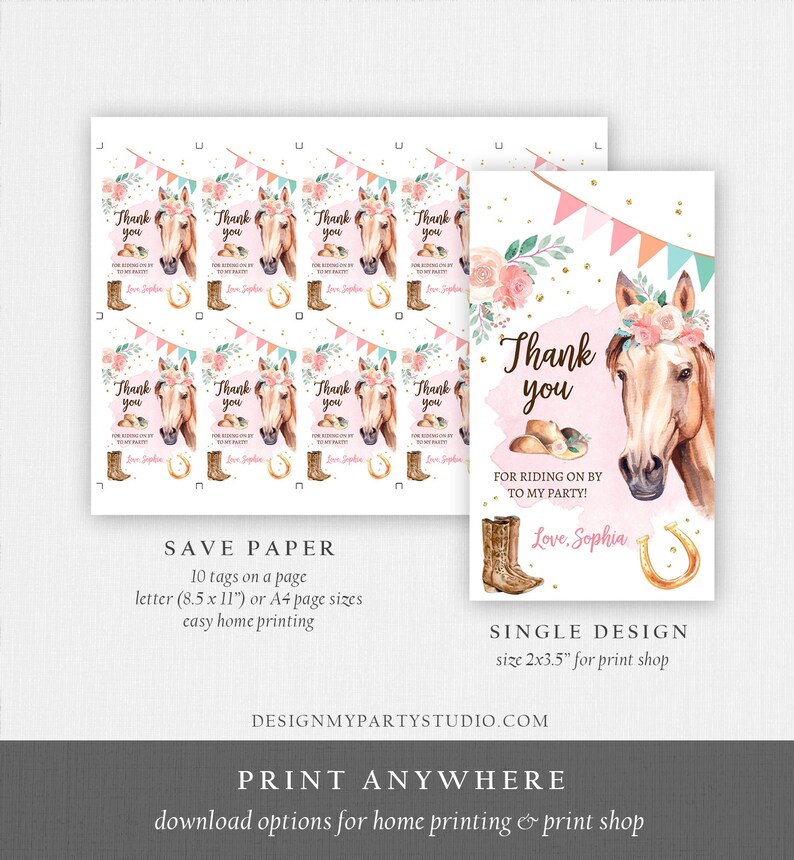 May include: Pink and brown horse thank you tags with a floral design and gold glitter. The tags say "Thank you for riding on by to my party! Love, Sophia".