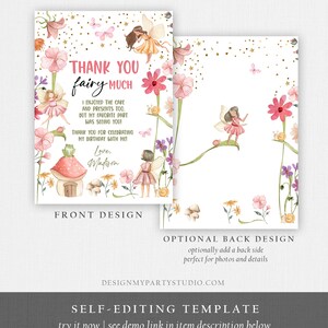May include: A printable thank you card with a fairy theme. The card features a pink and green floral design with fairies and butterflies. The text on the card reads "Thank you fairy much".