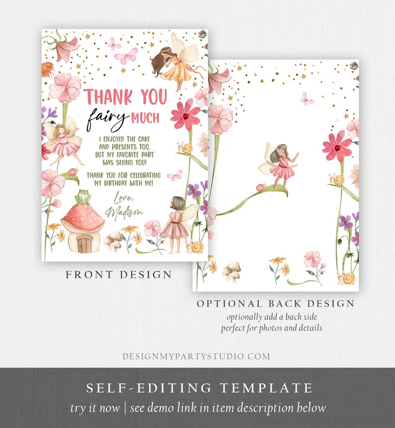May include: A printable thank you card with a fairy theme. The card features a pink and green floral design with fairies and butterflies. The text on the card reads "Thank you fairy much".