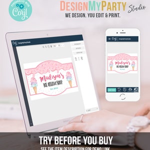 Editable Ice Cream Shop Sign Ice Cream Birthday Welcome Ice Cream Parlor Girl Summer Pink Purple Mint Summer Template PRINTABLE Corjl 0243 image 3