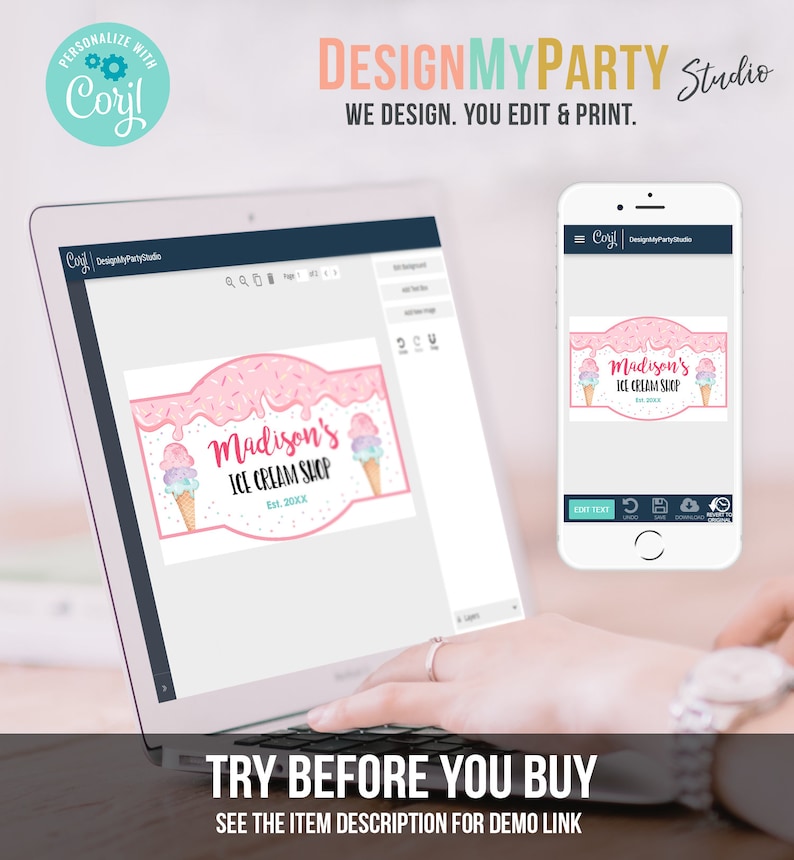 Editable Ice Cream Shop Sign Ice Cream Birthday Welcome Ice Cream Parlor Girl Summer Pink Purple Mint Summer Template PRINTABLE Corjl 0243 image 3