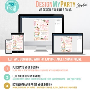 May include: Editable Mother's Day tea party invitation template with a pink and gold color scheme. The invitation features a watercolor illustration of teacups, flowers, and a cake. The text on the invitation reads "Please join us for a Mother's Day Tea Party".