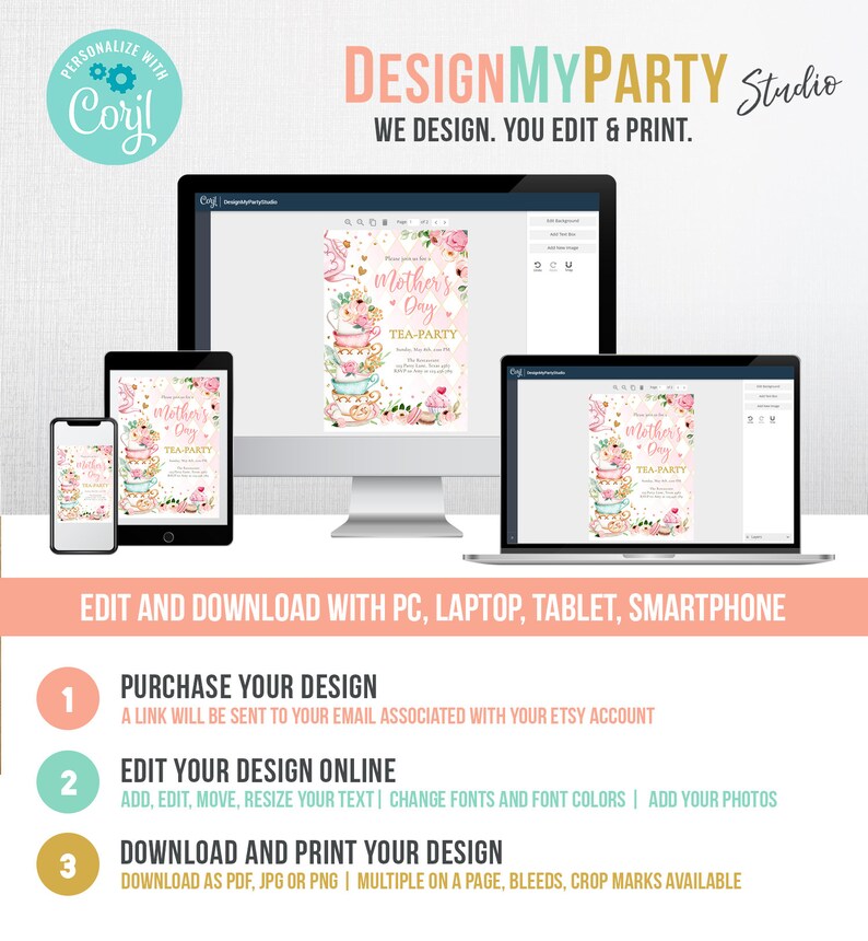 May include: Editable Mother's Day tea party invitation template with a pink and gold color scheme. The invitation features a watercolor illustration of teacups, flowers, and a cake. The text on the invitation reads "Please join us for a Mother's Day Tea Party".