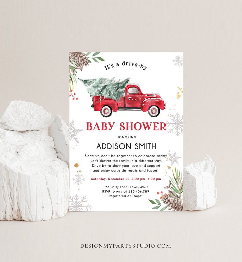 Editable Winter Drive by Baby Shower Invitation Red Truck Baby Etsy