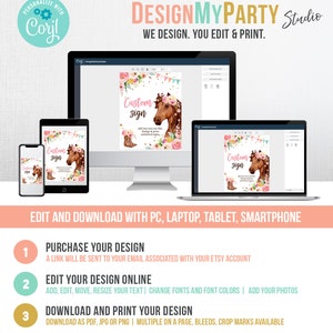 May include: A computer screen displaying a pink and green horse-themed party sign template. The sign says "Custom Sign" and has a floral design. The text "Design My Party Studio" is at the top of the screen. The text "We Design. You Edit & Print." is below the studio name. The text "Edit and Download with PC, Laptop, Tablet, Smartphone" is below the screen.