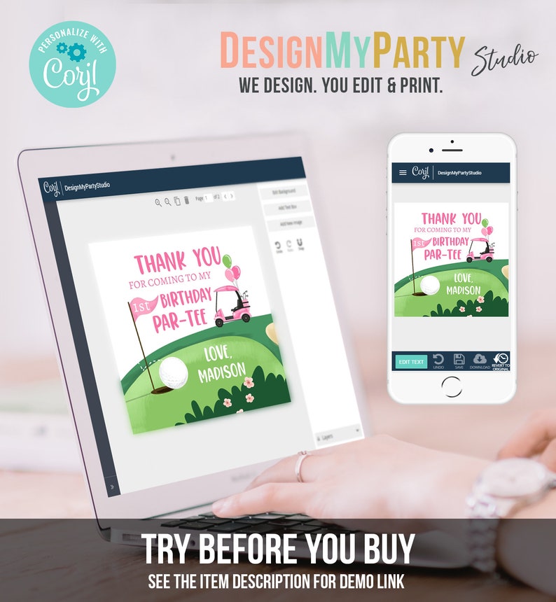 Editable Golf Favor Tags Golf Thank You Par-tee Stickers Golfing Birthday Hole in One 1st Birthday Girl Pink Download Corjl Template 0405 image 7
