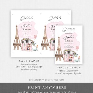 Pu&ograve; includere: Invito stampabile per un primo compleanno a tema parigino. L'invito presenta uno sfondo acquerellato rosa con un disegno della Torre Eiffel e una pasticceria rosa. Il testo sull'invito recita "Oh la la, Unisciti a noi per festeggiare il 1&deg; compleanno di Sophie".