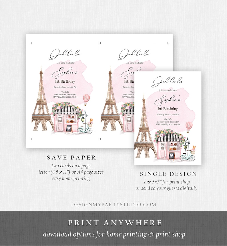 Pu&ograve; includere: Invito stampabile per un primo compleanno a tema parigino. L'invito presenta uno sfondo acquerellato rosa con un disegno della Torre Eiffel e una pasticceria rosa. Il testo sull'invito recita "Oh la la, Unisciti a noi per festeggiare il 1&deg; compleanno di Sophie".