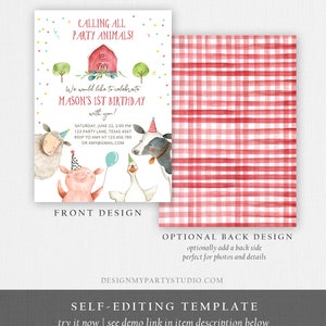 May include: A printable invitation for a farm-themed first birthday party. The invitation features a red barn, a sheep, a pig, a goose, and a cow. The text on the invitation reads "Calling all party animals! We would like to celebrate Mason's 1st Birthday with you!" The invitation also includes the date, time, and location of the party.