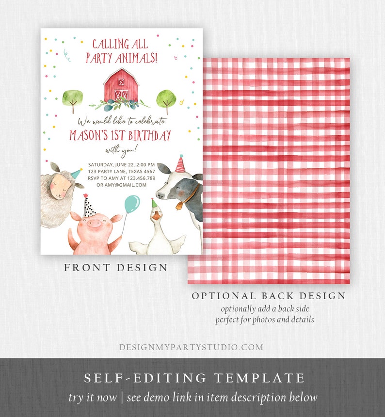 May include: A printable invitation for a farm-themed first birthday party. The invitation features a red barn, a sheep, a pig, a goose, and a cow. The text on the invitation reads "Calling all party animals! We would like to celebrate Mason's 1st Birthday with you!" The invitation also includes the date, time, and location of the party.