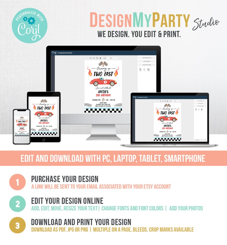 May include: A digital mockup showing how to edit and download a printable invitation for a child's birthday party. The invitation features a red race car with the text "Growing up Two Fast" and a checkered flag background. The text "Edit and Download with PC, Laptop, Tablet, Smartphone" is displayed below the invitation.