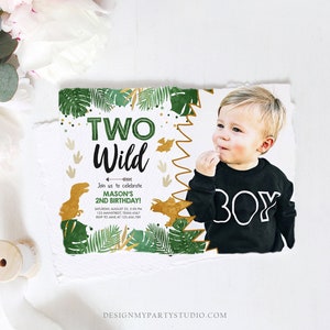 May include: A green and gold dinosaur-themed birthday invitation with the text "TWO Wild" and a photo of a young boy. The invitation includes details for Mason's 2nd birthday party, including the date, time, location, and RSVP information.