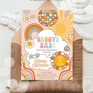 May include: A groovy baby shower invitation with a rainbow, peace sign, and a disco ball. The invitation is for Marley Anderson and is set for August 12th at 2:00 PM. The invitation includes the address and RSVP information.