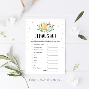 May include: A printable baby shower game with a green and white polka dot background. The game is called "The Price is Right" and asks guests to guess the price of various baby items. The game features a cartoon illustration of a beer bottle and a baby bottle.