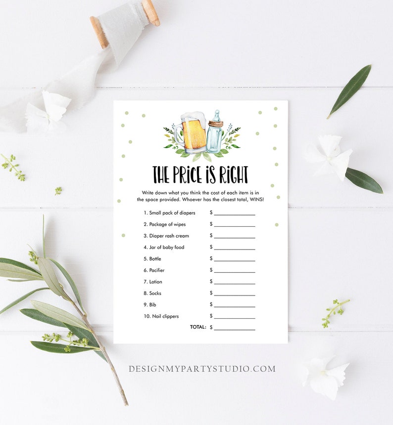 May include: A printable baby shower game with a green and white polka dot background. The game is called "The Price is Right" and asks guests to guess the price of various baby items. The game features a cartoon illustration of a beer bottle and a baby bottle.