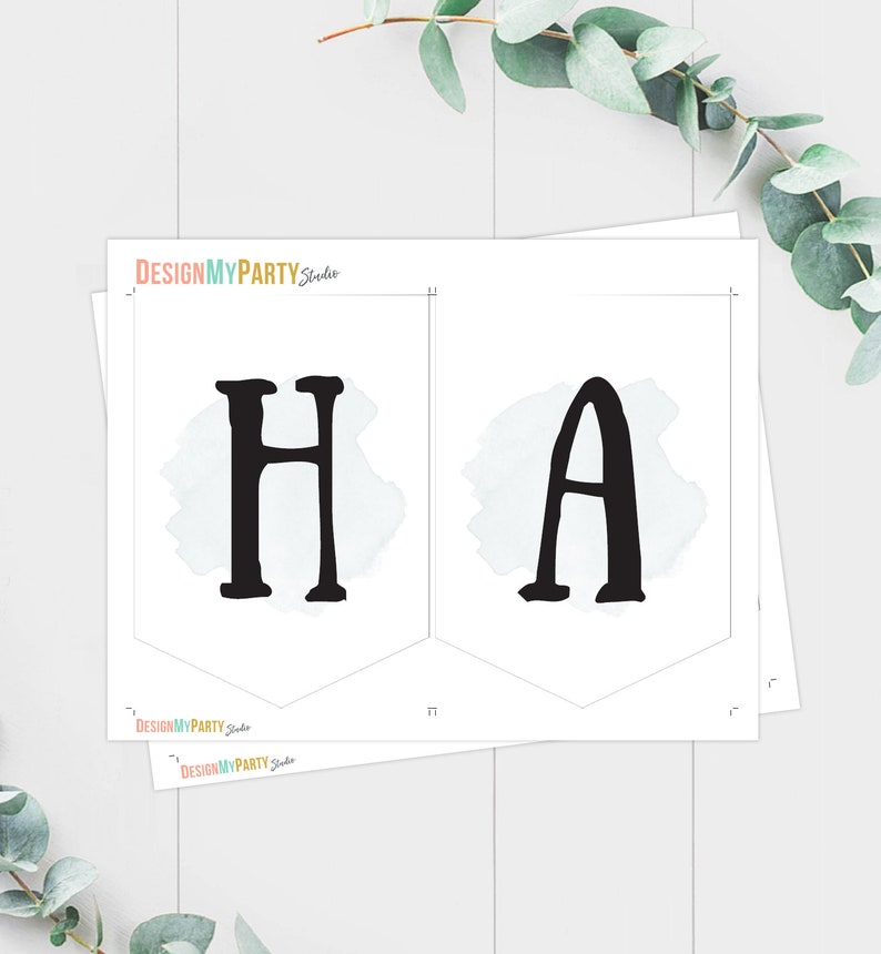 May include: Printable banner featuring the letters "HA" in black against a white background with a light blue watercolour wash behind each letter. The banner is designed for a party or celebration.