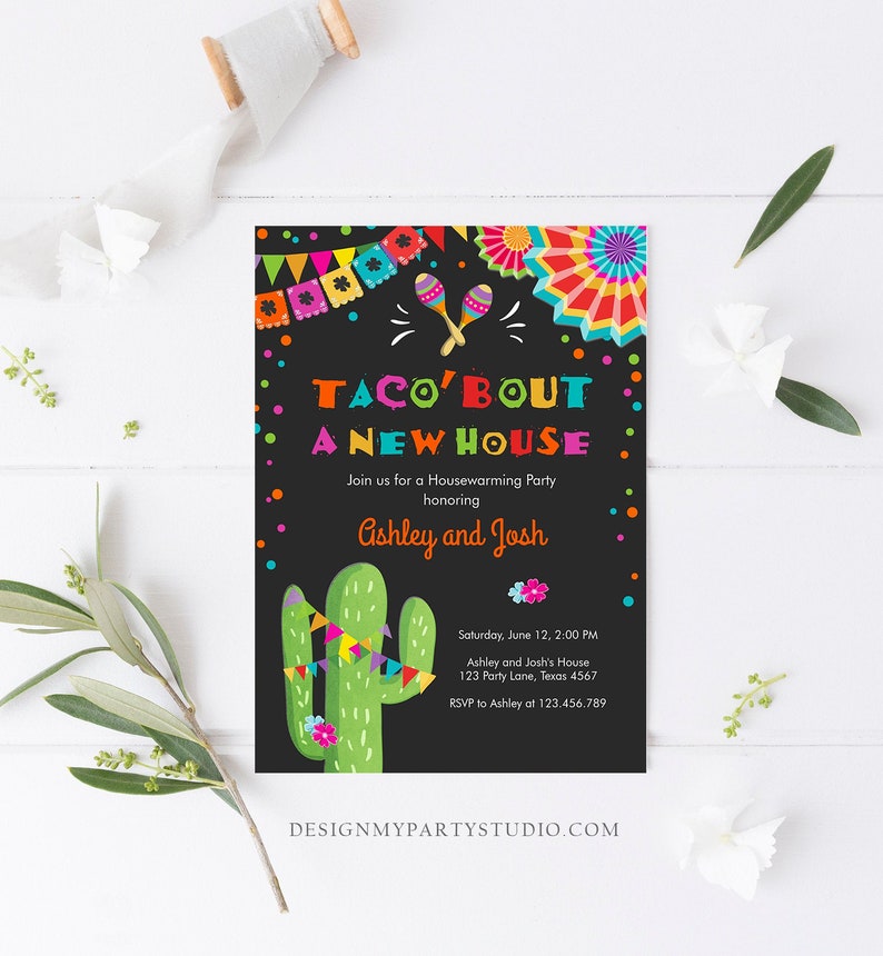 Editable Taco Bout A New House Housewarming Party Invitation Fiesta New Home Cactus Mexican Digital Download Corjl Template Printable 0045 image 2