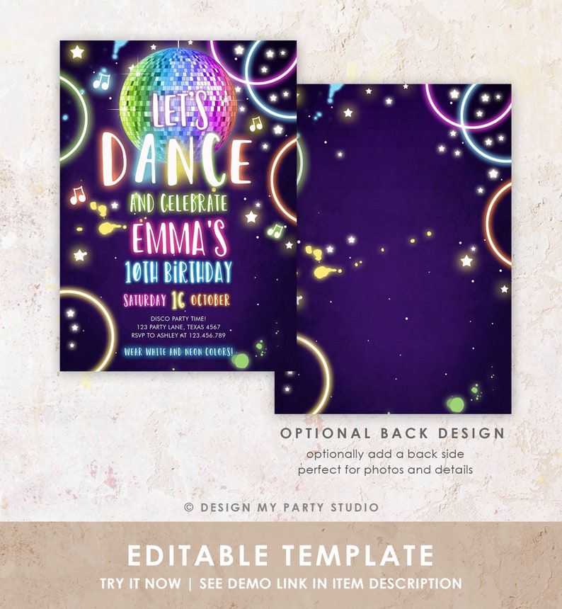 Editable Dance Party Birthday Invitation Disco Music Let's Dance Neon ...