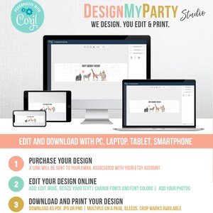以下が含まれることがあります： 「DESIGNMYPARTY Studio」と「WE DESIGN. YOU EDIT & PRINT.」というテキストが書かれた、パーティー用のデジタルデザインサービスです。画像には、コンピューター画面、ラップトップ、タブレット、スマートフォンが表示されており、すべて「HAPPY BIRTHDAY KASEN」というテキストと、カラフルな動物のイラストが描かれたバナーを表示しています。画像には、デザインの購入、編集、ダウンロードの3つの手順も含まれています。
