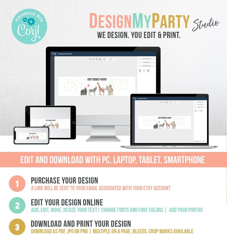 以下が含まれることがあります： 「DESIGNMYPARTY Studio」と「WE DESIGN. YOU EDIT & PRINT.」というテキストが書かれた、パーティー用のデジタルデザインサービスです。画像には、コンピューター画面、ラップトップ、タブレット、スマートフォンが表示されており、すべて「HAPPY BIRTHDAY KASEN」というテキストと、カラフルな動物のイラストが描かれたバナーを表示しています。画像には、デザインの購入、編集、ダウンロードの3つの手順も含まれています。