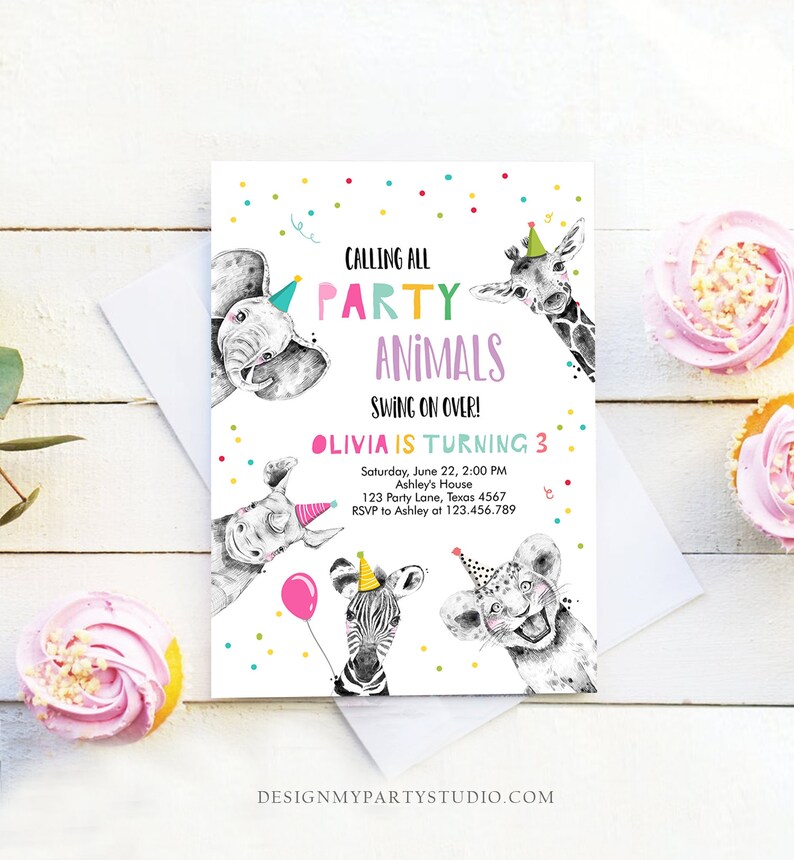 May include: A colorful party invitation with a pink, blue, and green background. The invitation features a variety of animals wearing party hats, including an elephant, giraffe, rhinoceros, zebra, and lion. The text on the invitation reads "Calling all Party Animals Swing on Over! Olivia is turning 3 Saturday, June 22, 2:00 PM Ashley's House 123 Party Lane, Texas 4567 RSVP to Ashley at 123.456.789".