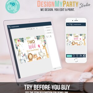May include: A computer screen and a mobile phone display a digital design template for a birthday party banner. The banner features a jungle theme with animals, pink and gold text that reads "Two Wild" and the words "Olivia's Second Birthday!"