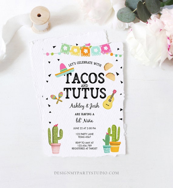 editable tacos and tutus baby shower invitation cactus mexican fiesta girl  birthday invite download printable invite template corjl 0161