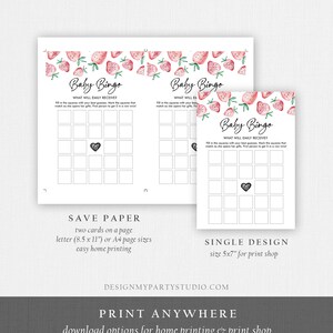 May include: Baby Bingo game cards with a strawberry design. The cards have a grid of squares and the text "Baby Bingo" and "What will Emily receive?" The design includes a heart symbol.