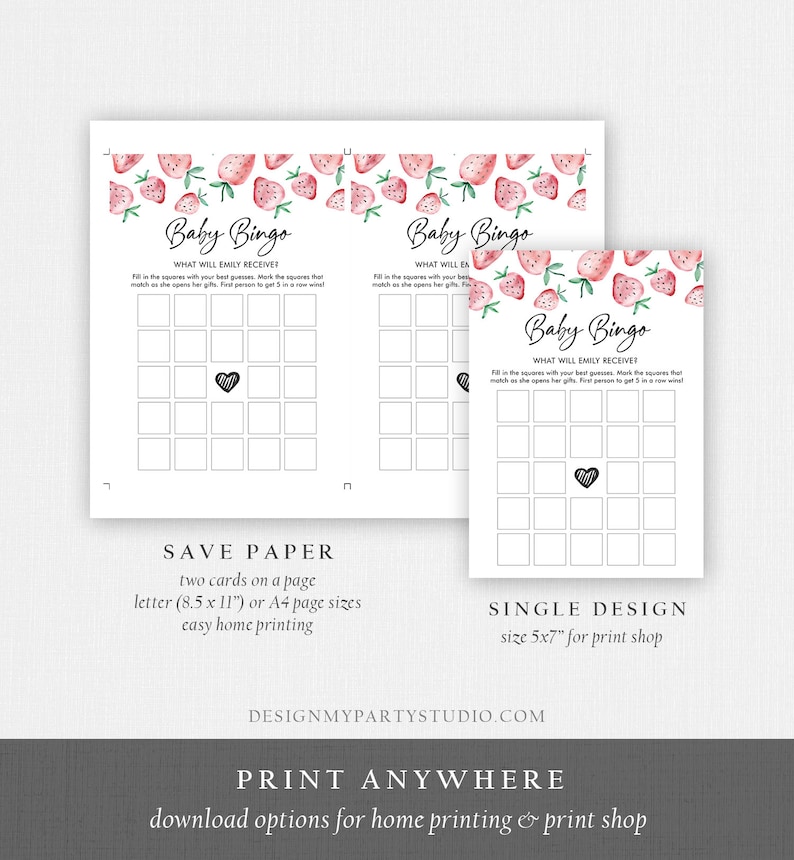 May include: Baby Bingo game cards with a strawberry design. The cards have a grid of squares and the text "Baby Bingo" and "What will Emily receive?" The design includes a heart symbol.