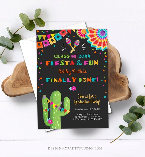 Editable Fiesta and Fun Graduation Party Invitation Finally Done Let's Fiesta Mexican High School College Degree Diploma Corjl Template 0045 Il_570xn