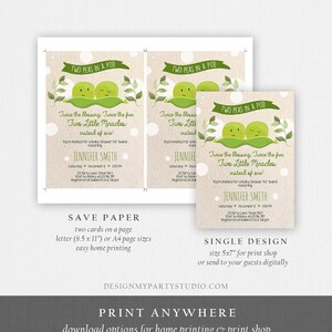 May include: Two peas in a pod baby shower invitation with a green pea pod illustration and the text "Twice the blessing, Twice the fun, Two Little Miracles instead of one!"  You're invited for a Baby Shower for twins honoring Jennifer Smith.  Saturday, December 2nd at 2:00 PM. 123 Party Lane, Texas 78671. RSVP to Ashley at 123-456-7891. Registered at Babies R Us & Target.