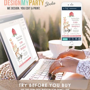 May include: A digital birthday invitation template displayed on a laptop screen and a smartphone. The design features watercolor farm animals, a red barn, and red gingham accents with text reading Oink Oink, Moo & Cockadoodledoo, Mason 2nd Birthday.