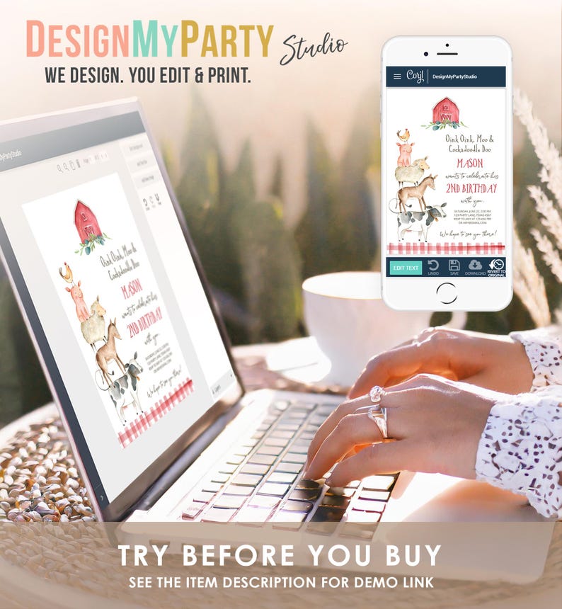 May include: A digital birthday invitation template displayed on a laptop screen and a smartphone. The design features watercolor farm animals, a red barn, and red gingham accents with text reading Oink Oink, Moo & Cockadoodledoo, Mason 2nd Birthday.